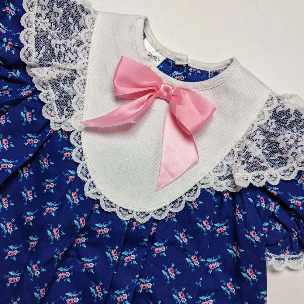 Vintage Sears Dress Girls Size 24m Blue Floral Frilly Bow